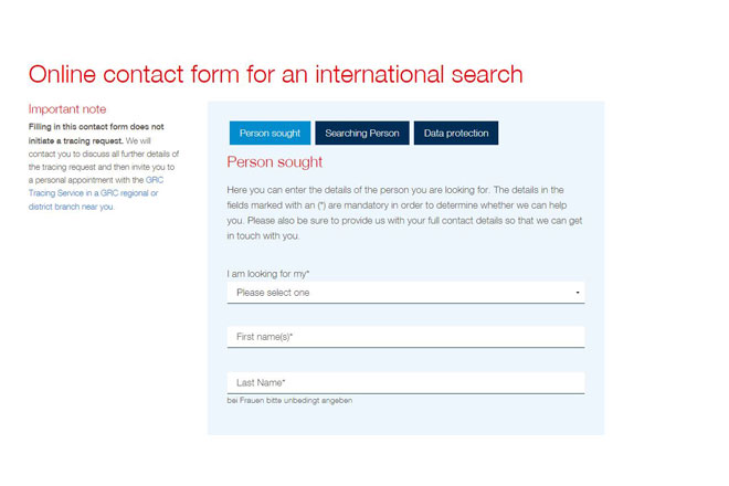 Online contact form for an international search