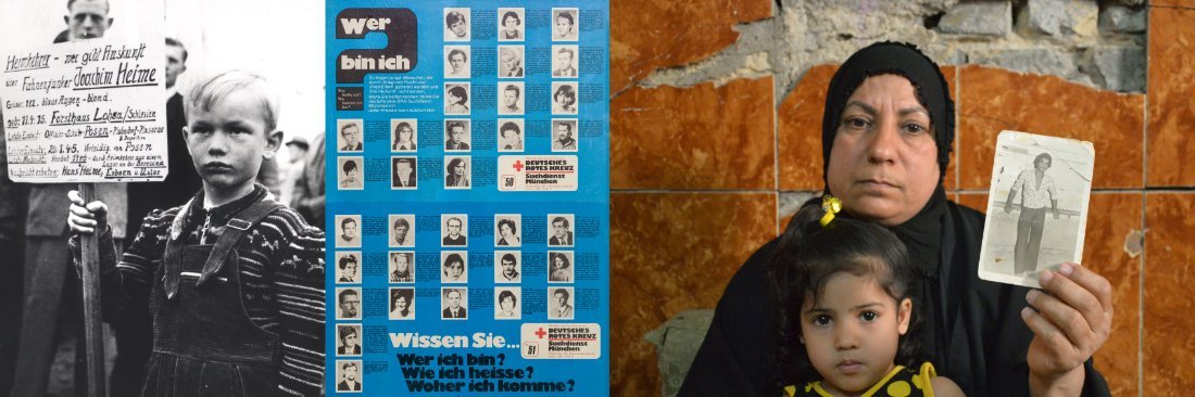 DRK-Suchdienst unterstützt bei der Suche nach vermissten Angehörigen Suchende Personen mit Plakaten